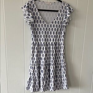 Blue and White Fit and Flare Sundress with Flutter Sleeves